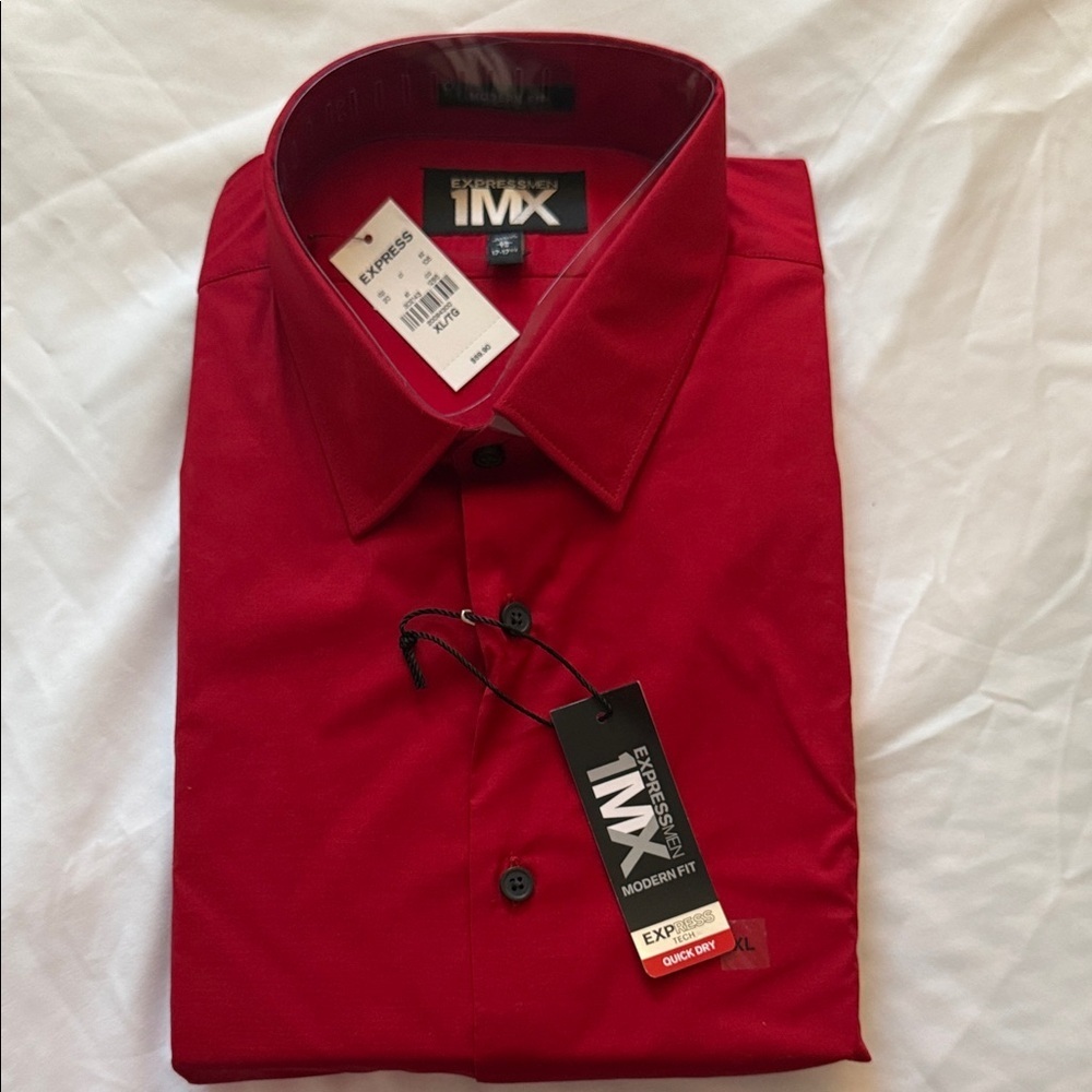 New Express 1MX Men's Long Sleeve Button-Front Dress Shirt in Red XL 17-17 1/2